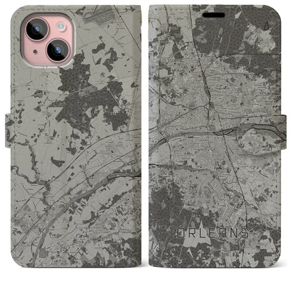 【オルレアン（フランス）】地図柄iPhoneケース（手帳タイプ）モノトーン・iPhone 15 Plus 用