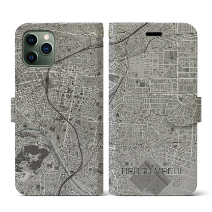 【卸町（宮城県）】地図柄iPhoneケース（手帳タイプ）モノトーン・iPhone 11 Pro 用