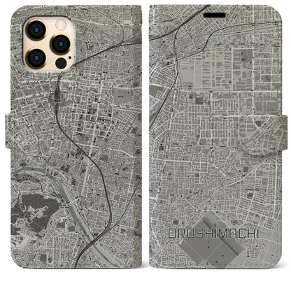 【卸町（宮城県）】地図柄iPhoneケース（手帳タイプ）モノトーン・iPhone 12 Pro Max 用