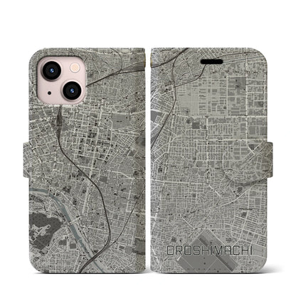 【卸町（宮城県）】地図柄iPhoneケース（手帳タイプ）モノトーン・iPhone 13 mini 用