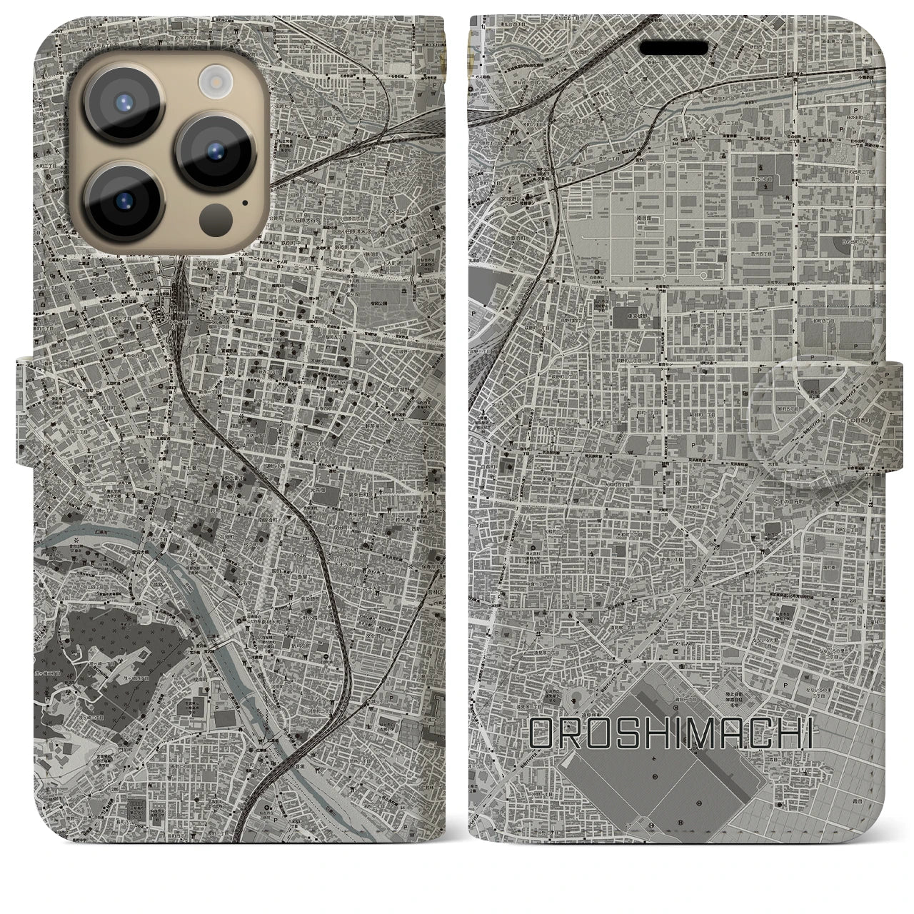 【卸町】地図柄iPhoneケース（手帳両面タイプ・モノトーン）iPhone 14 Pro Max 用