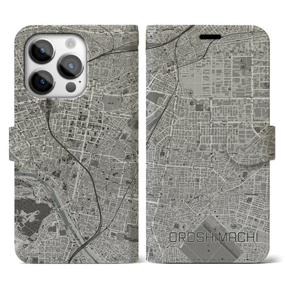 【卸町（宮城県）】地図柄iPhoneケース（手帳タイプ）モノトーン・iPhone 14 Pro 用