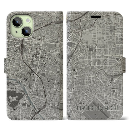 【卸町（宮城県）】地図柄iPhoneケース（手帳タイプ）モノトーン・iPhone 15 用