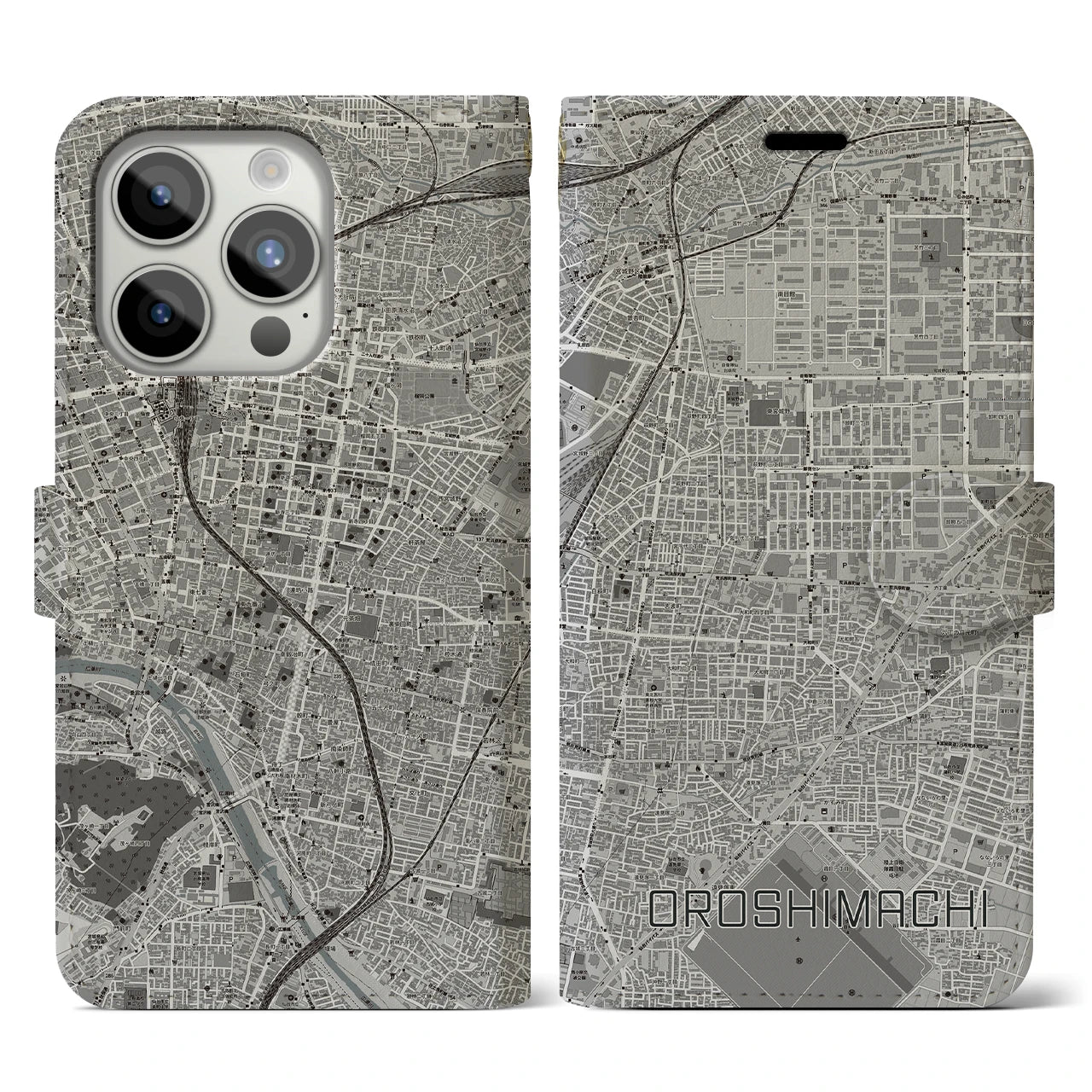 【卸町】地図柄iPhoneケース（手帳両面タイプ・モノトーン）iPhone 15 Pro 用