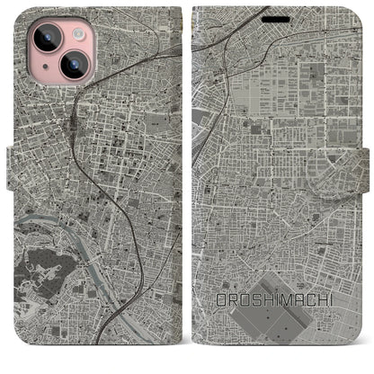 【卸町（宮城県）】地図柄iPhoneケース（手帳タイプ）モノトーン・iPhone 15 Plus 用