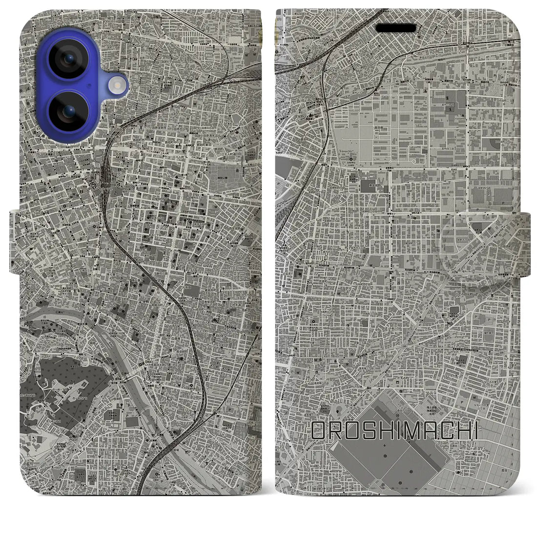 【卸町(宮城県)】地図柄iPhoneケース(手帳タイプ)モノトーン・iPhone 16 Pro Max 用