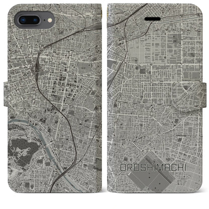 【卸町（宮城県）】地図柄iPhoneケース（手帳タイプ）モノトーン・iPhone 8Plus /7Plus / 6sPlus / 6Plus 用