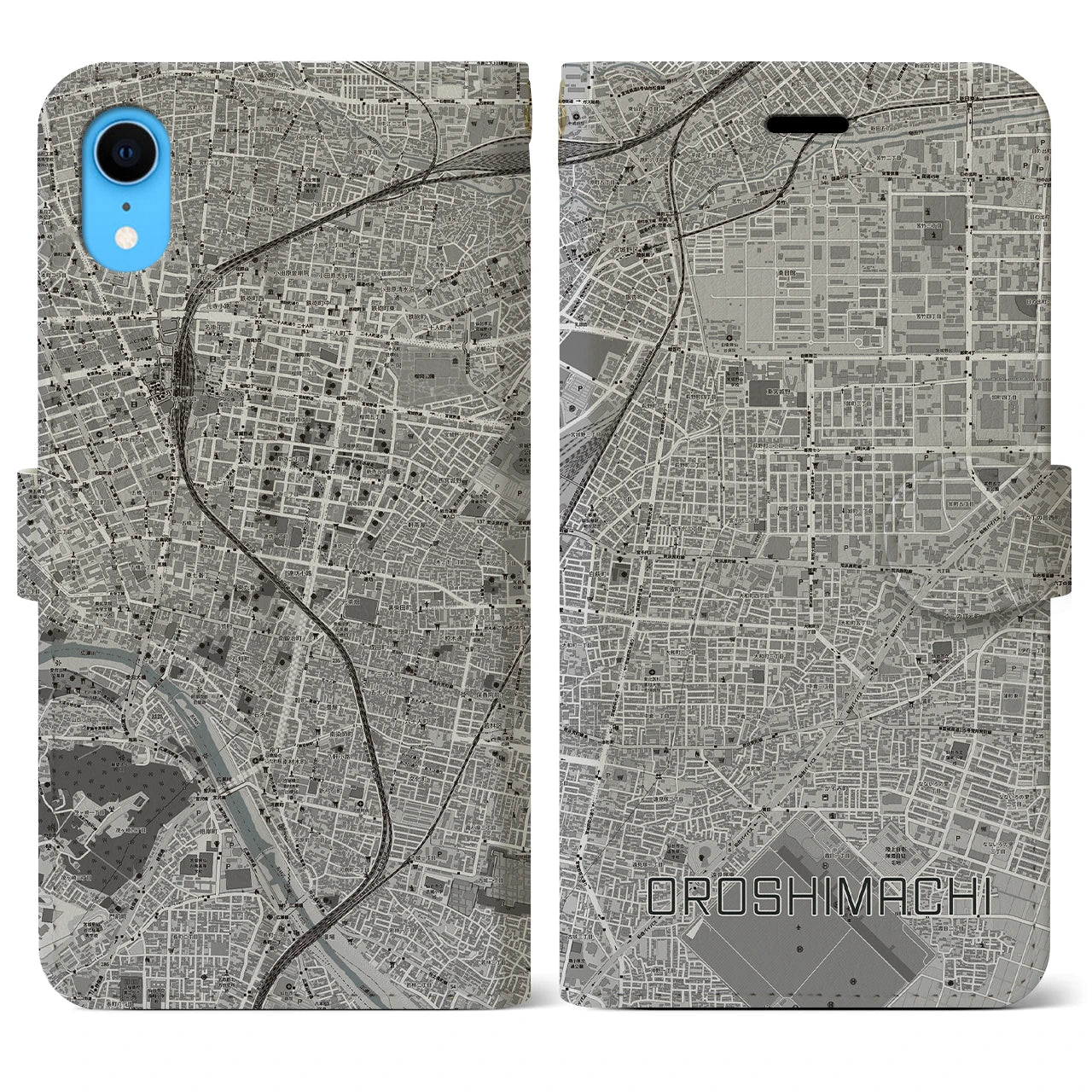 【卸町】地図柄iPhoneケース（手帳両面タイプ・モノトーン）iPhone XR 用