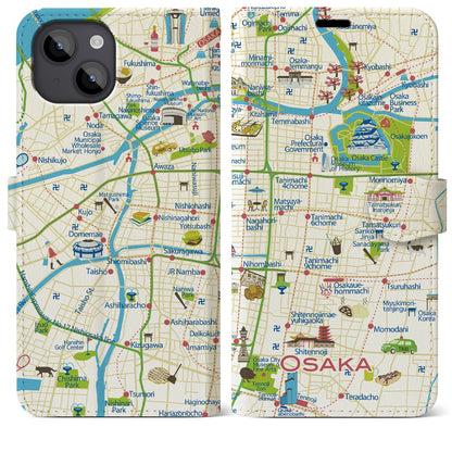 【大阪（イラスト）】イラストマップiPhoneケース（手帳タイプ）ブライト・iPhone 14 Plus 用
