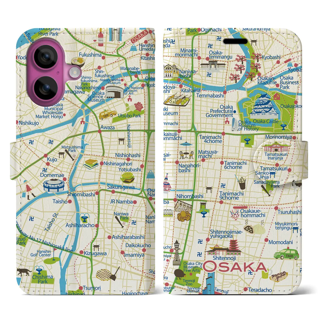 【大阪(イラスト)】イラストマップiPhoneケース(手帳タイプ)ブライト・iPhone 16 Pro 用