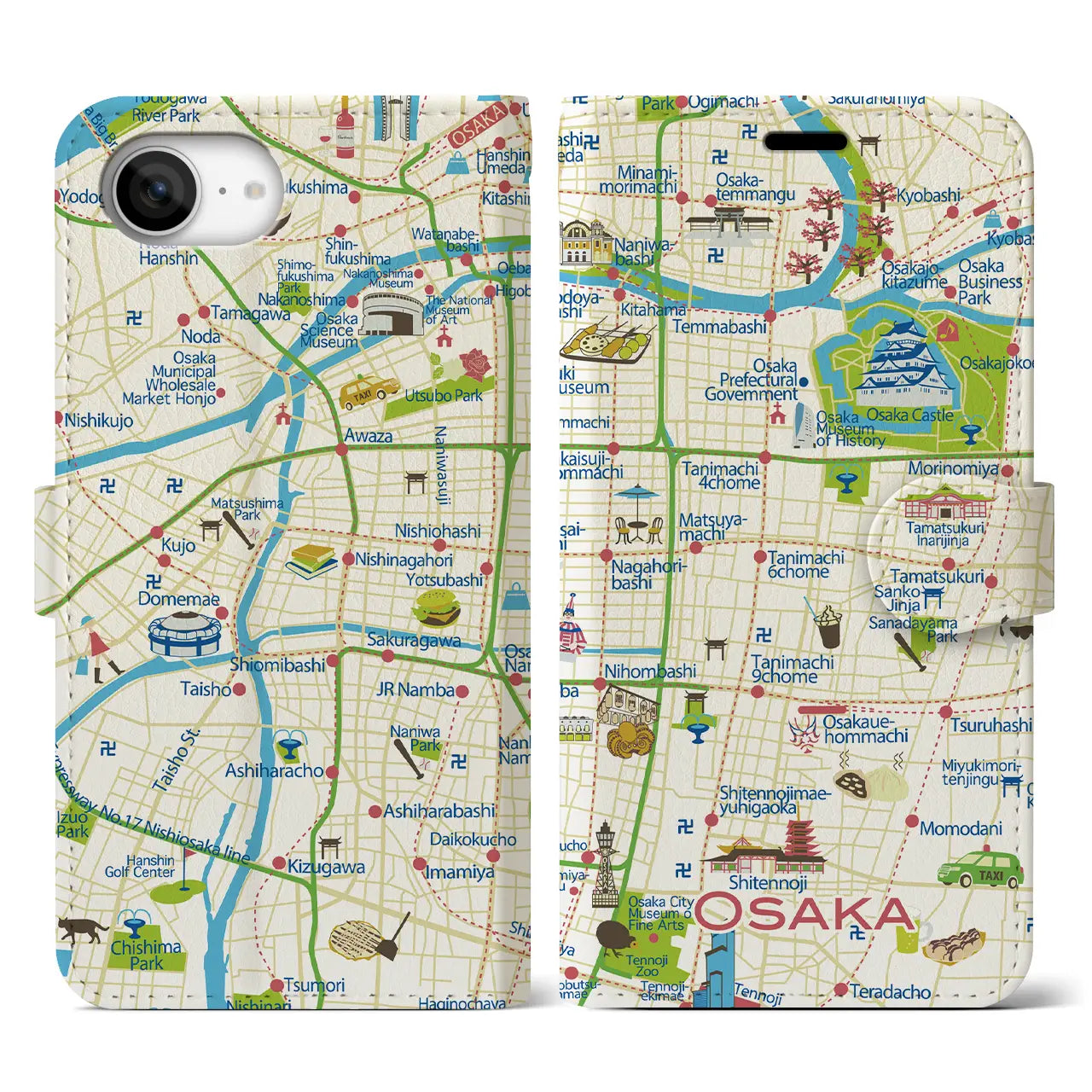【大阪】イラストマップiPhoneケース（手帳タイプ）