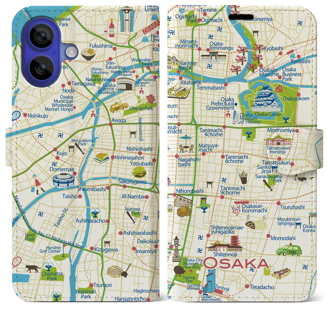 【大阪(イラスト)】イラストマップiPhoneケース(手帳タイプ)ブライト・iPhone 16 Pro Max 用