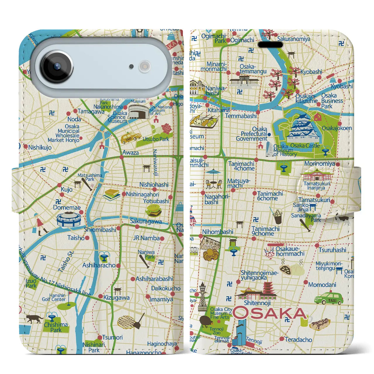 【大阪】イラストマップiPhoneケース（手帳タイプ）