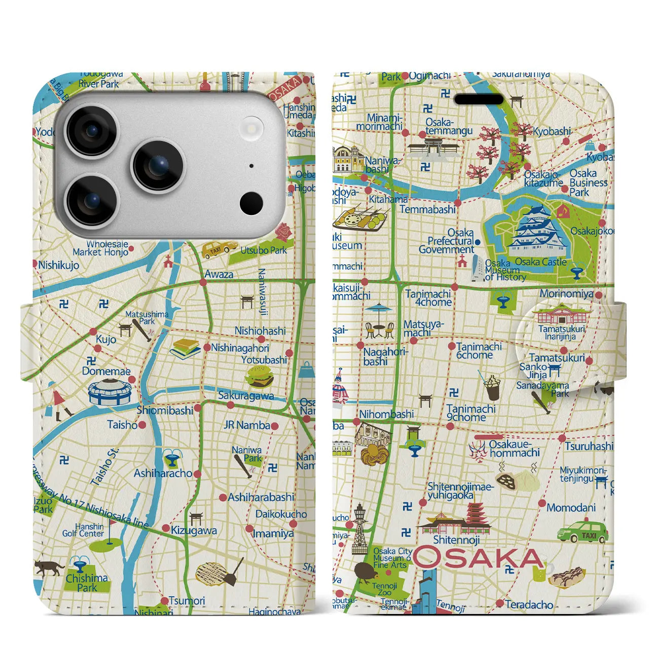 【大阪】イラストマップiPhoneケース（手帳タイプ）