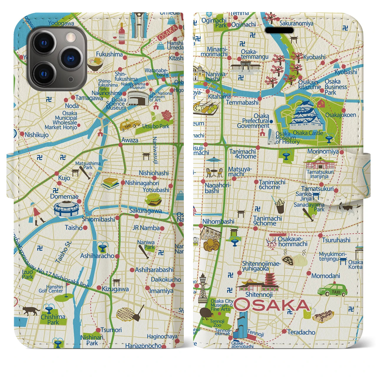 【大阪】イラストマップiPhoneケース（手帳タイプ）