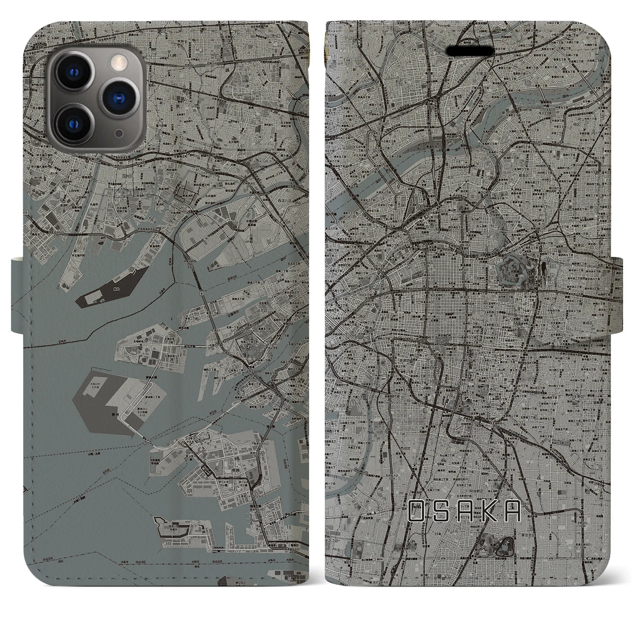 【大阪】地図柄iPhoneケース（手帳両面タイプ・モノトーン）iPhone 11 Pro Max 用