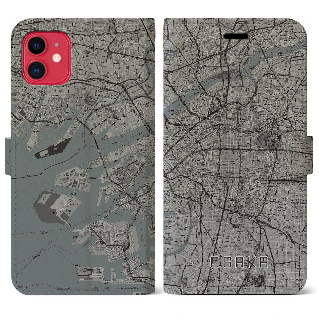 【大阪】地図柄iPhoneケース（手帳両面タイプ・モノトーン）iPhone 11 用