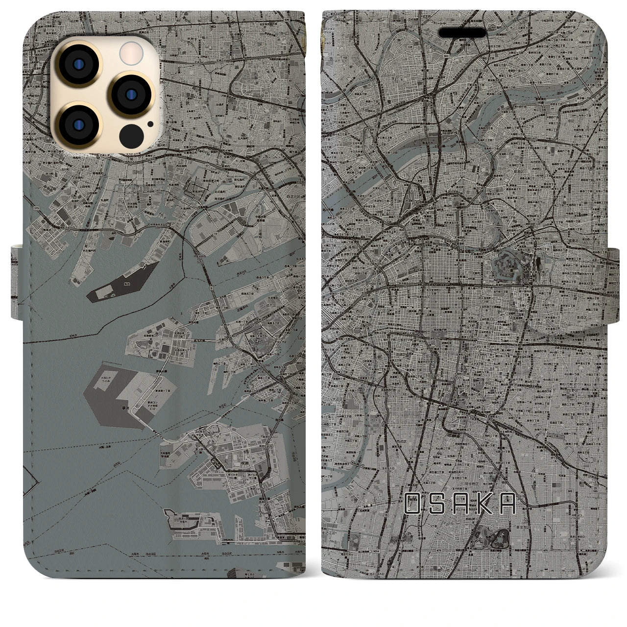 【大阪】地図柄iPhoneケース（手帳両面タイプ・モノトーン）iPhone 12 Pro Max 用