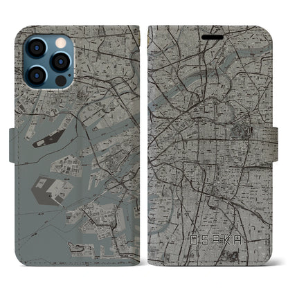【大阪（大阪府）】地図柄iPhoneケース（手帳タイプ）モノトーン・iPhone 12 / 12 Pro 用