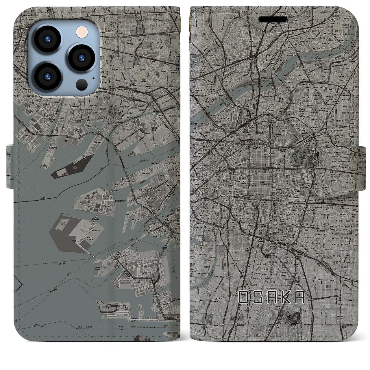 【大阪】地図柄iPhoneケース（手帳両面タイプ・モノトーン）iPhone 13 Pro Max 用
