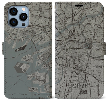 【大阪（大阪府）】地図柄iPhoneケース（手帳タイプ）モノトーン・iPhone 13 Pro Max 用