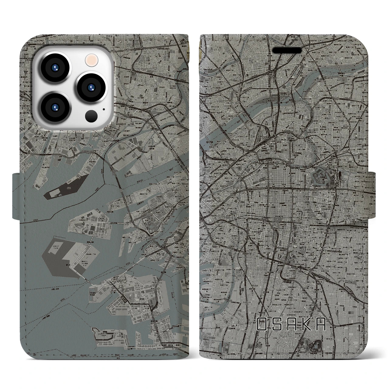 【大阪】地図柄iPhoneケース（手帳両面タイプ・モノトーン）iPhone 13 Pro 用