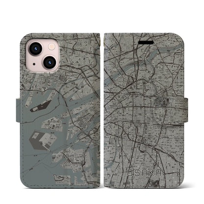 【大阪（大阪府）】地図柄iPhoneケース（手帳タイプ）モノトーン・iPhone 13 mini 用