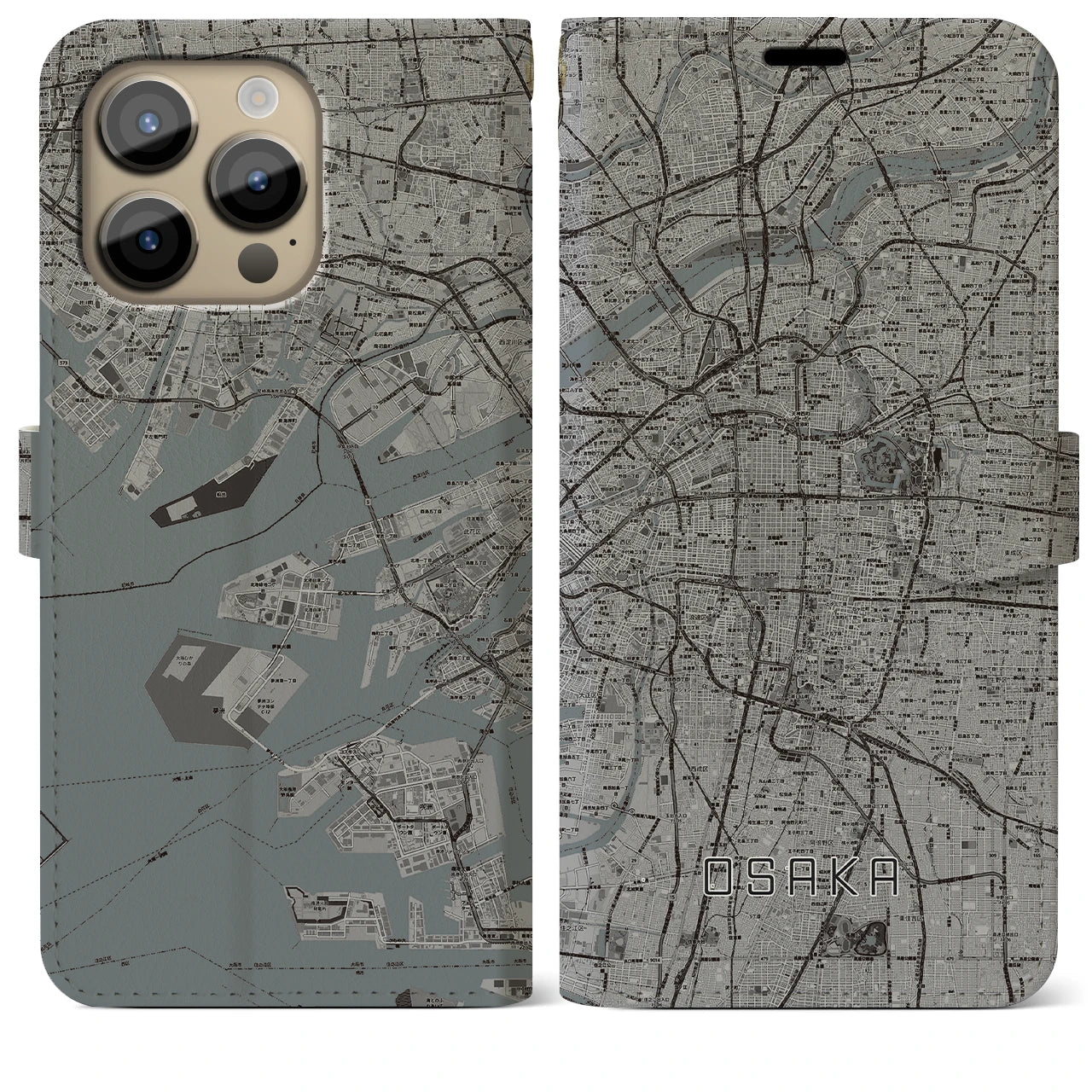 【大阪】地図柄iPhoneケース（手帳両面タイプ・モノトーン）iPhone 14 Pro Max 用