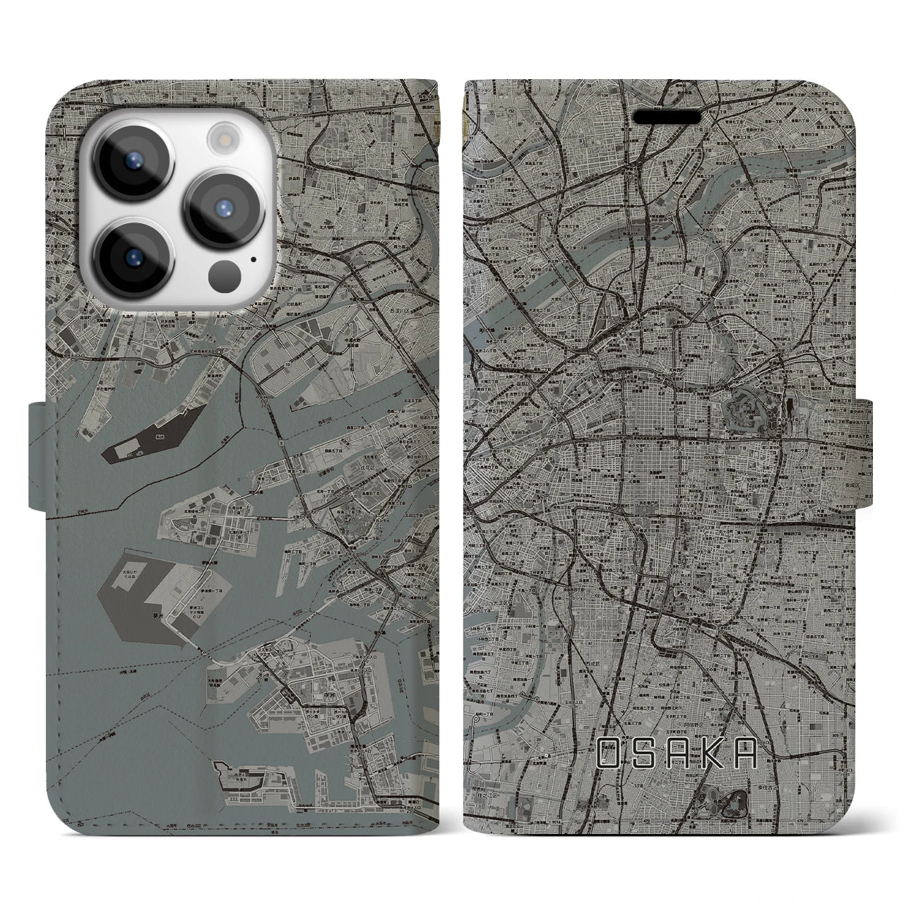 【大阪】地図柄iPhoneケース（手帳両面タイプ・モノトーン）iPhone 14 Pro 用