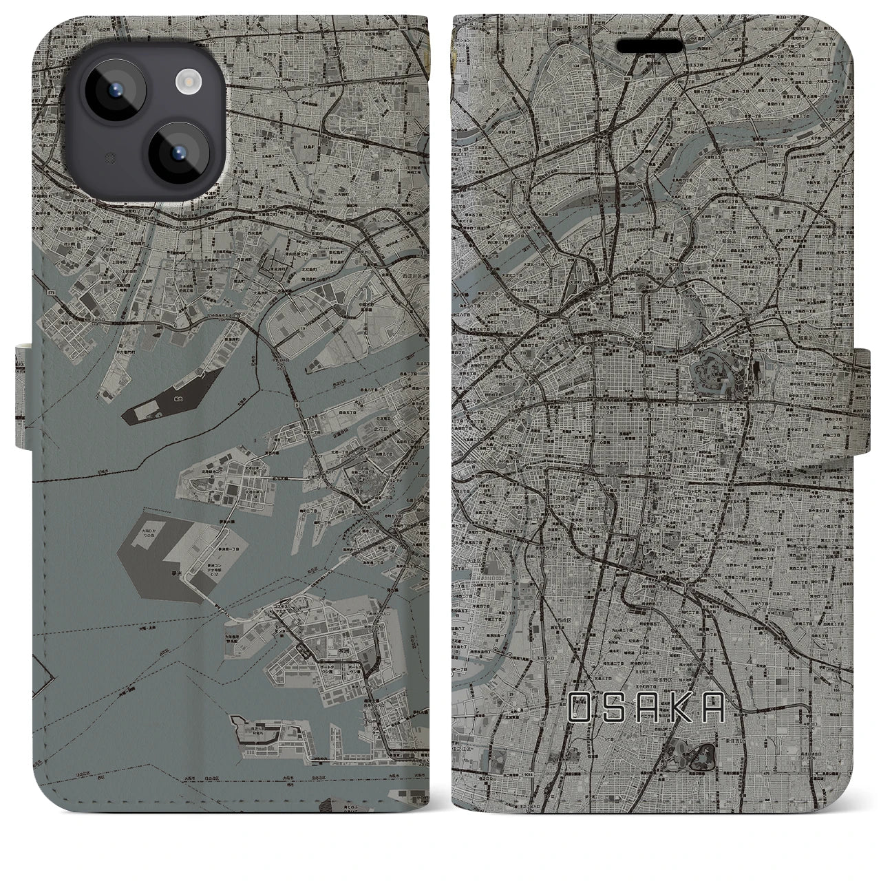 【大阪】地図柄iPhoneケース（手帳両面タイプ・モノトーン）iPhone 14 Plus 用