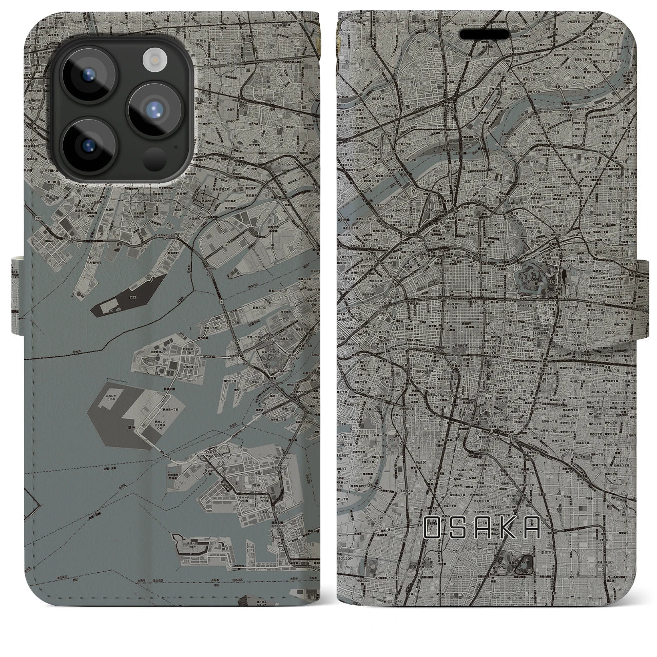 【大阪】地図柄iPhoneケース（手帳両面タイプ・モノトーン）iPhone 15 Pro Max 用