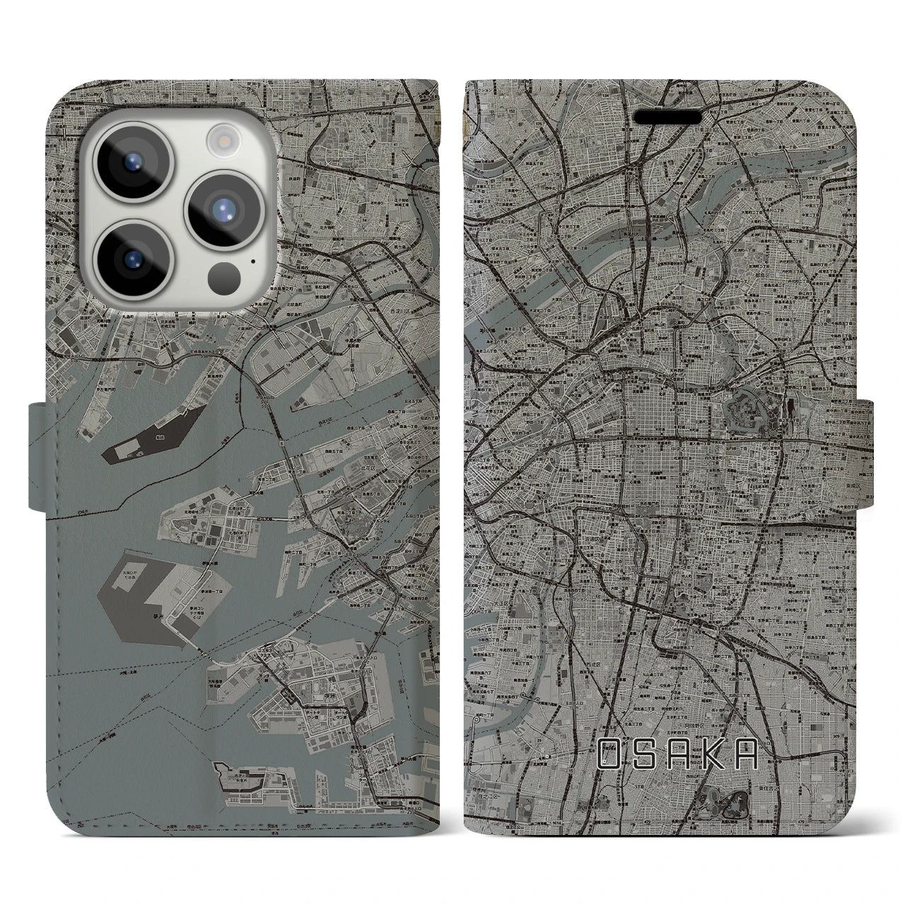 【大阪】地図柄iPhoneケース（手帳両面タイプ・モノトーン）iPhone 15 Pro 用