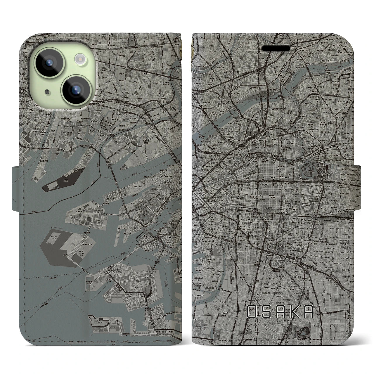 【大阪】地図柄iPhoneケース（手帳両面タイプ・モノトーン）iPhone 15 用