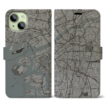 【大阪（大阪府）】地図柄iPhoneケース（手帳タイプ）モノトーン・iPhone 15 用
