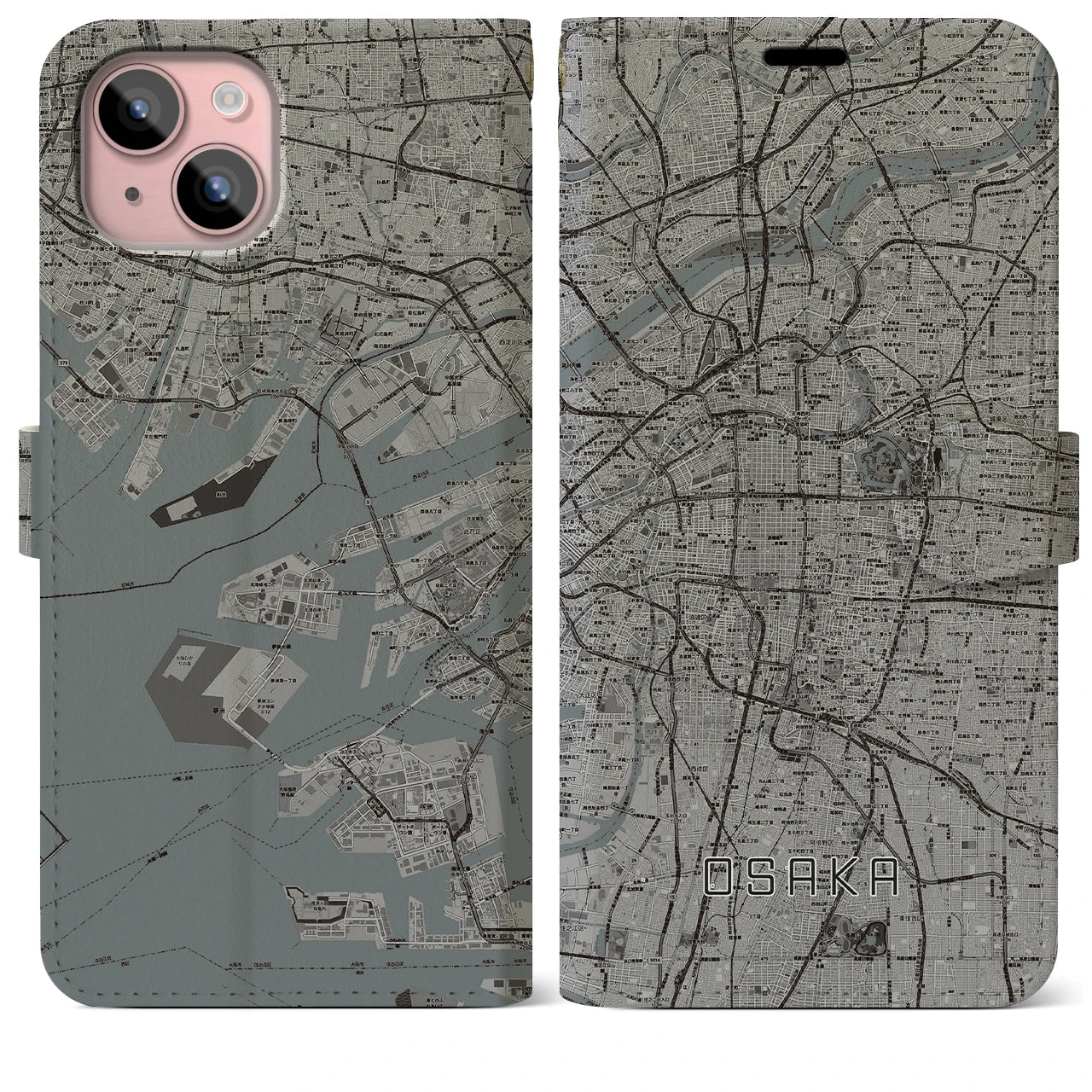 【大阪】地図柄iPhoneケース（手帳両面タイプ・モノトーン）iPhone 15 Plus 用