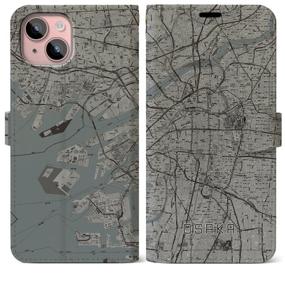 【大阪（大阪府）】地図柄iPhoneケース（手帳タイプ）モノトーン・iPhone 15 Plus 用