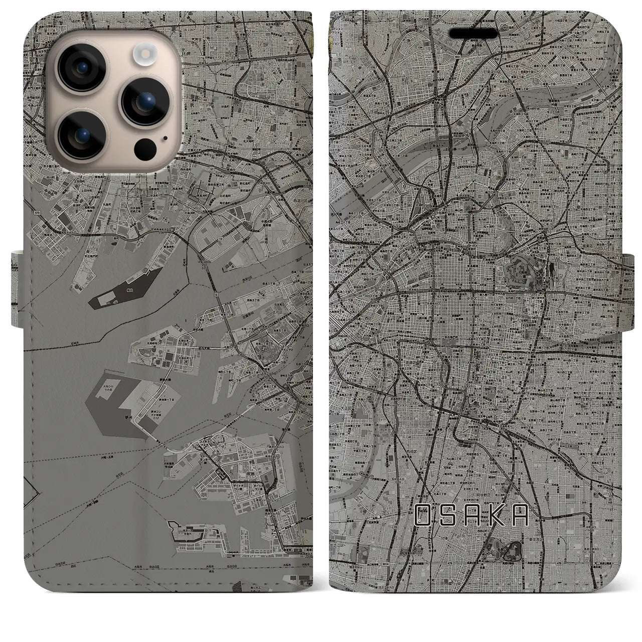 【大阪（大阪府）】地図柄iPhoneケース（手帳タイプ）モノトーン・iPhone 16 Plus 用