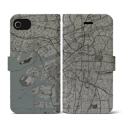 【大阪（大阪府）】地図柄iPhoneケース（手帳タイプ）モノトーン・iPhone SE（第3 / 第2世代） / 8 / 7 / 6s / 6 用