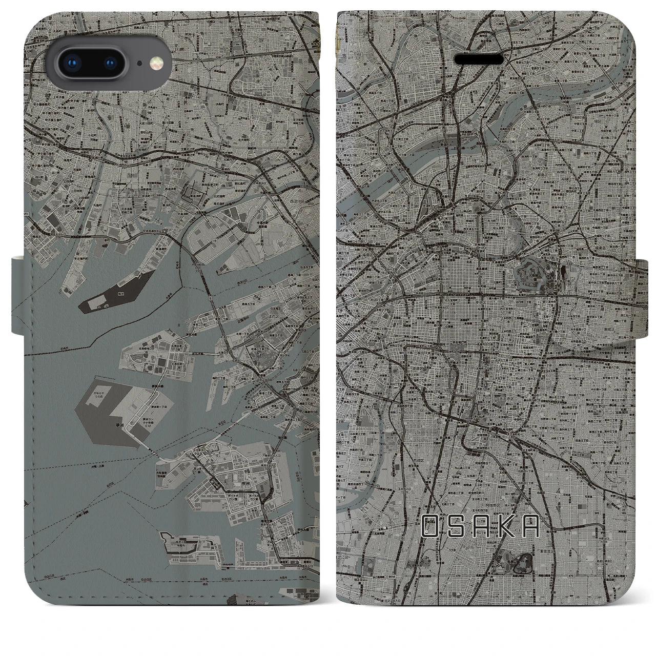 【大阪】地図柄iPhoneケース（手帳両面タイプ・モノトーン）iPhone 8Plus /7Plus / 6sPlus / 6Plus 用