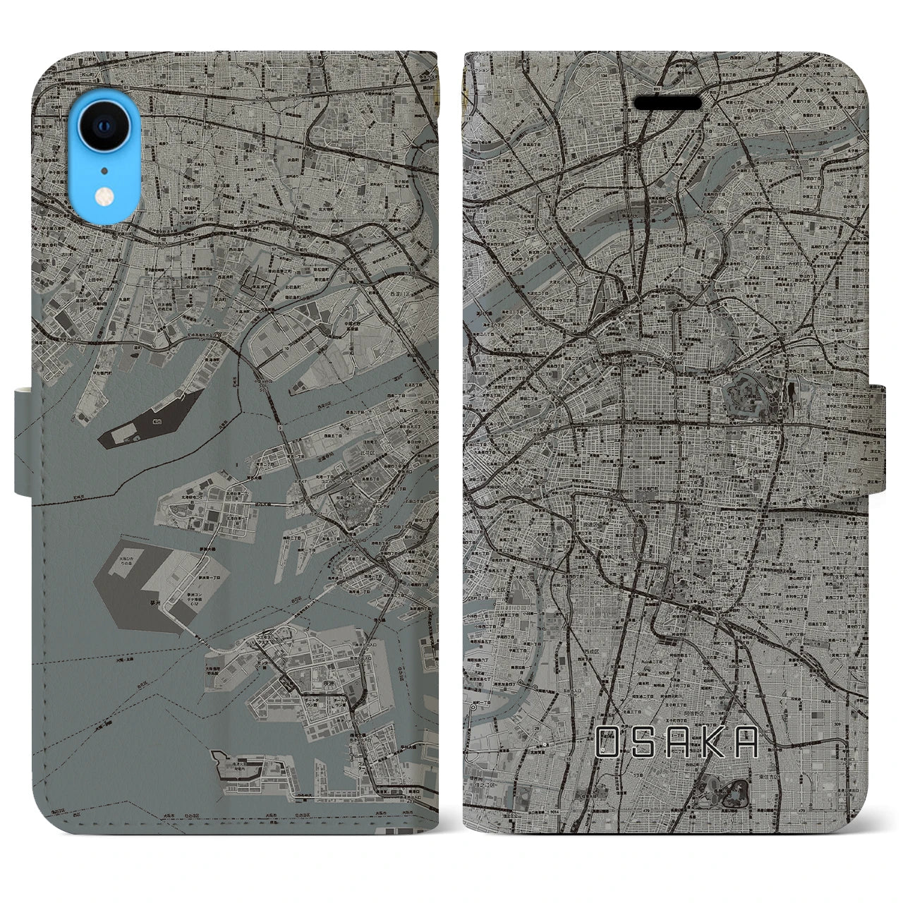 【大阪】地図柄iPhoneケース（手帳両面タイプ・モノトーン）iPhone XR 用