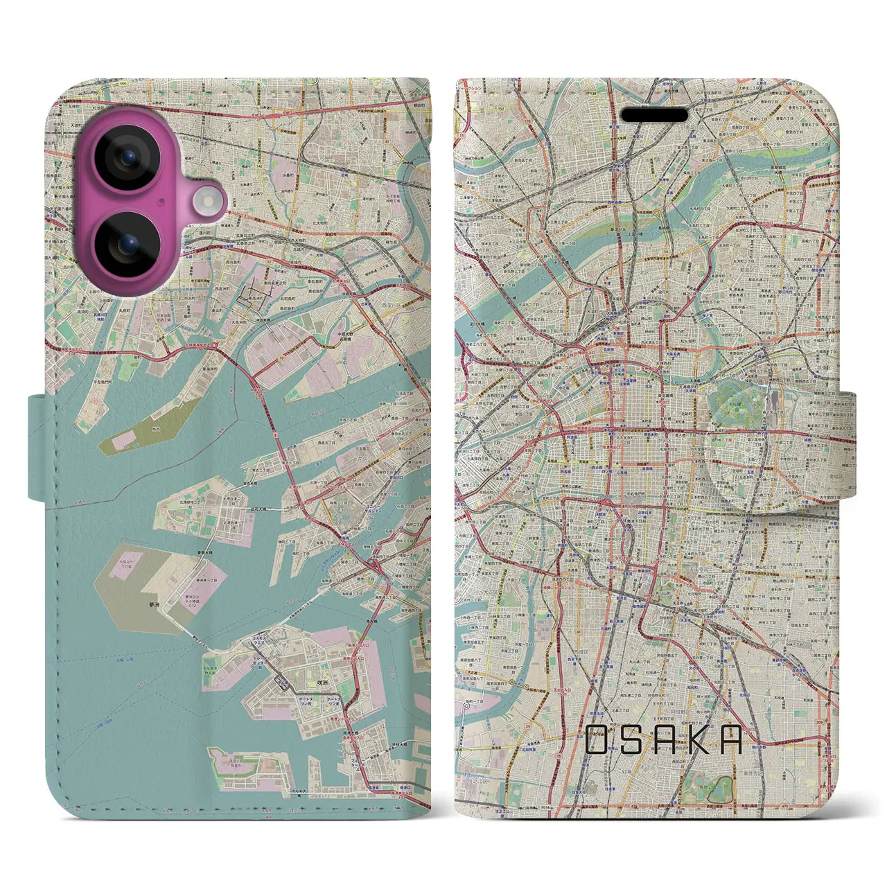 【大阪（大阪府）】地図柄iPhoneケース（手帳タイプ）ナチュラル・iPhone 16 Pro 用