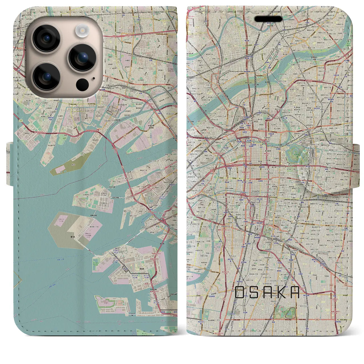 【大阪（大阪府）】地図柄iPhoneケース（手帳タイプ）ナチュラル・iPhone 16 Plus 用