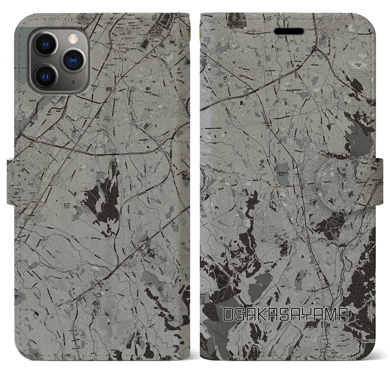【大阪狭山】地図柄iPhoneケース（手帳両面タイプ・モノトーン）iPhone 11 Pro Max 用