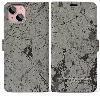 【大阪狭山（大阪府）】地図柄iPhoneケース（手帳タイプ）モノトーン・iPhone 15 Plus 用