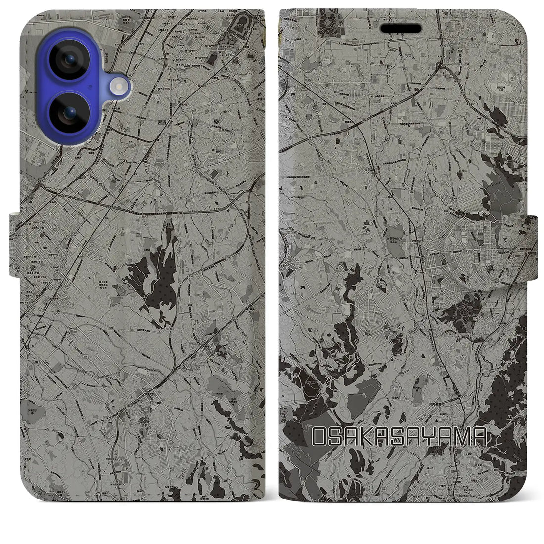 【大阪狭山(大阪府)】地図柄iPhoneケース(手帳タイプ)モノトーン・iPhone 16 Pro Max 用