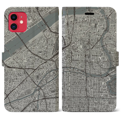 【大阪天満宮（大阪府）】地図柄iPhoneケース（手帳タイプ）モノトーン・iPhone 11 用