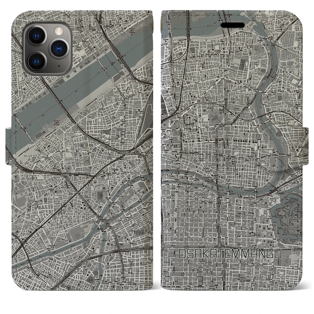 【大阪天満宮】地図柄iPhoneケース（手帳両面タイプ・モノトーン）iPhone 11 Pro Max 用