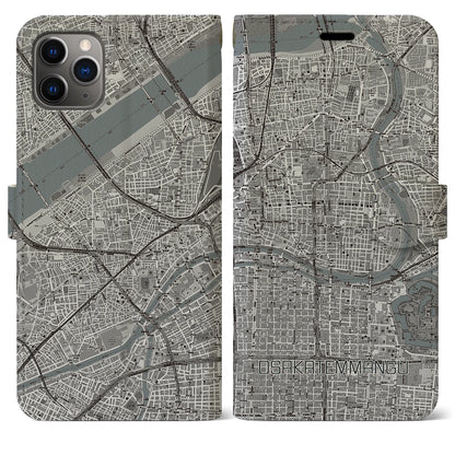 【大阪天満宮（大阪府）】地図柄iPhoneケース（手帳タイプ）モノトーン・iPhone 11 Pro Max 用