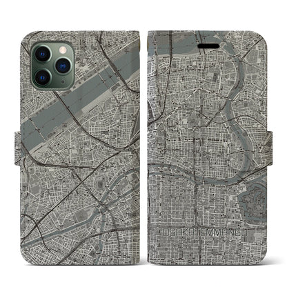 【大阪天満宮（大阪府）】地図柄iPhoneケース（手帳タイプ）モノトーン・iPhone 11 Pro 用