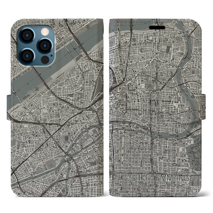 【大阪天満宮（大阪府）】地図柄iPhoneケース（手帳タイプ）モノトーン・iPhone 12 / 12 Pro 用
